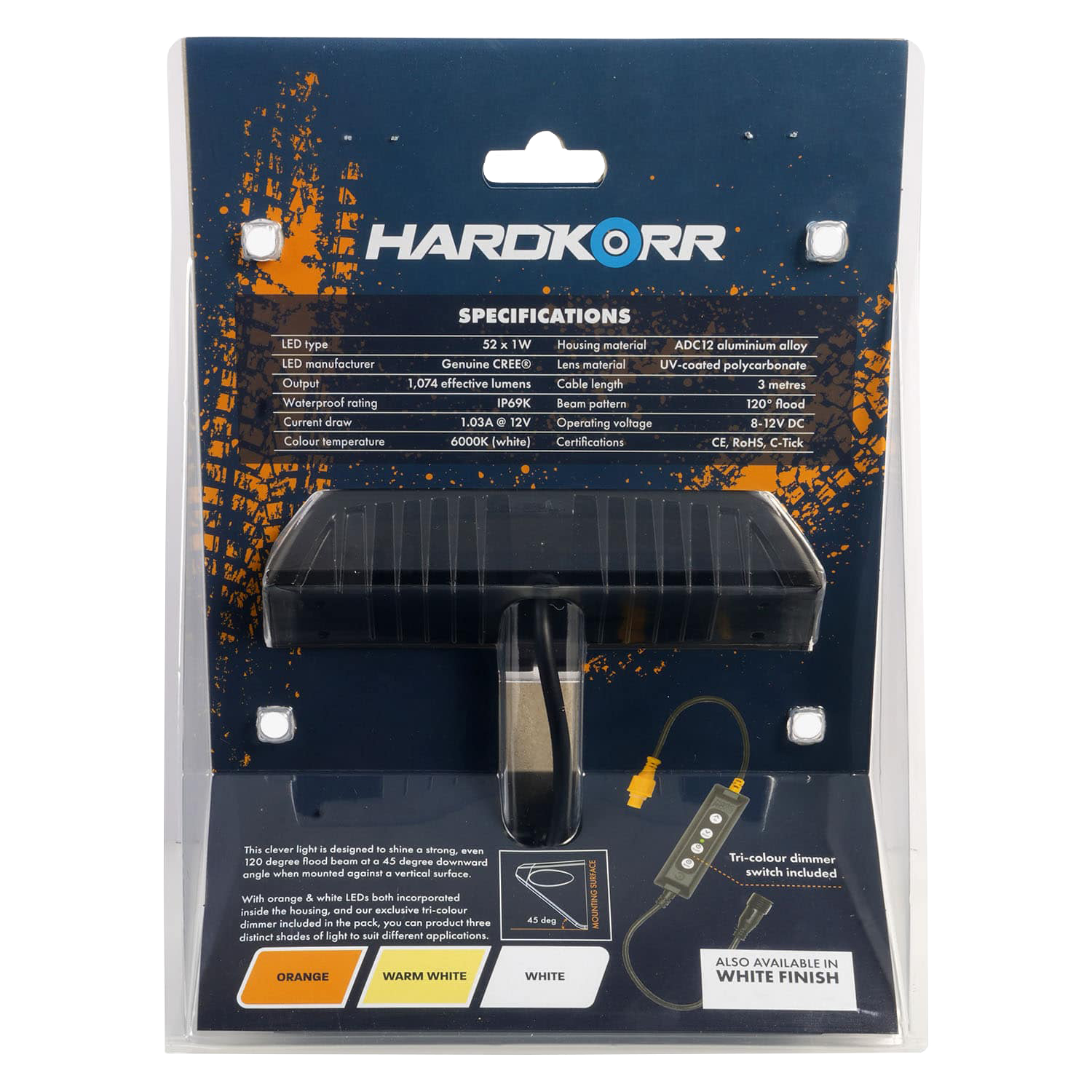 HARDKORR XDW Series Tri-Colour 45 Degree Angled LED Work Light (Black) - HKXDWOW45B